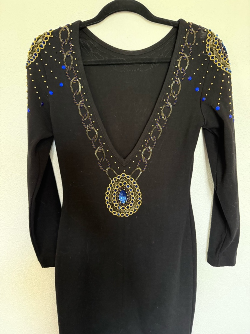 Vintage 80s Black Beaded Dress Open Back Glam Art Deco Cocktail Bodycon - Picture 8 of 10